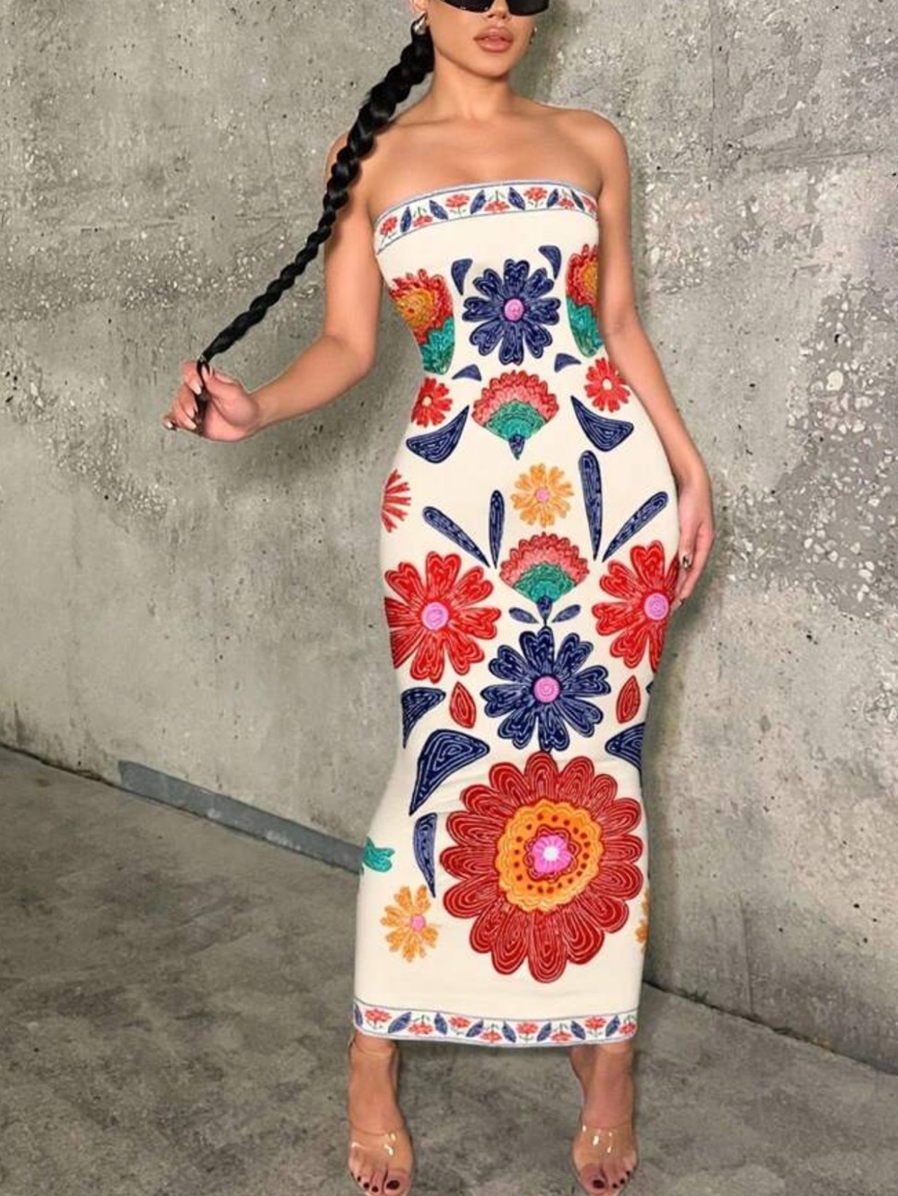 Strapless Cream Floral Embroidered Midi Dress - Picture 4 of 5